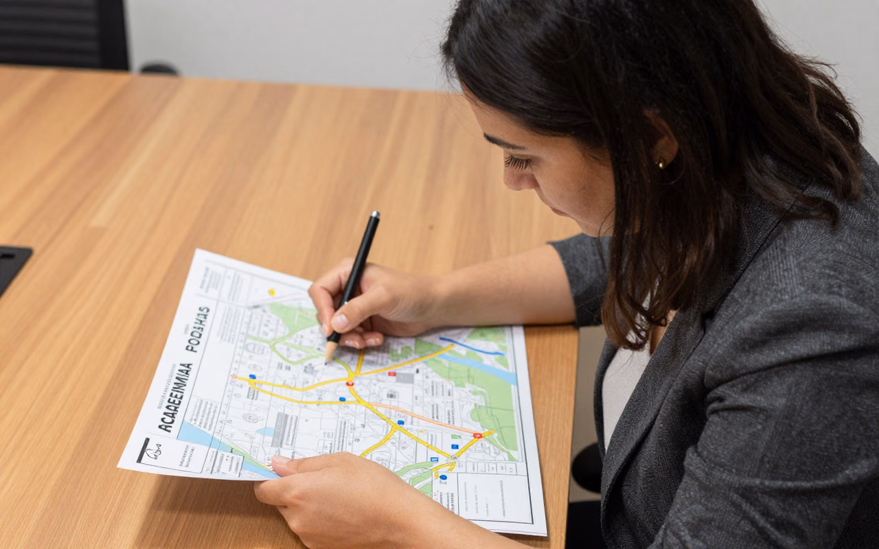 Responsable de operaciones de una red de academias revisa un mapa de sedes en una sala de reuniones luminosa.