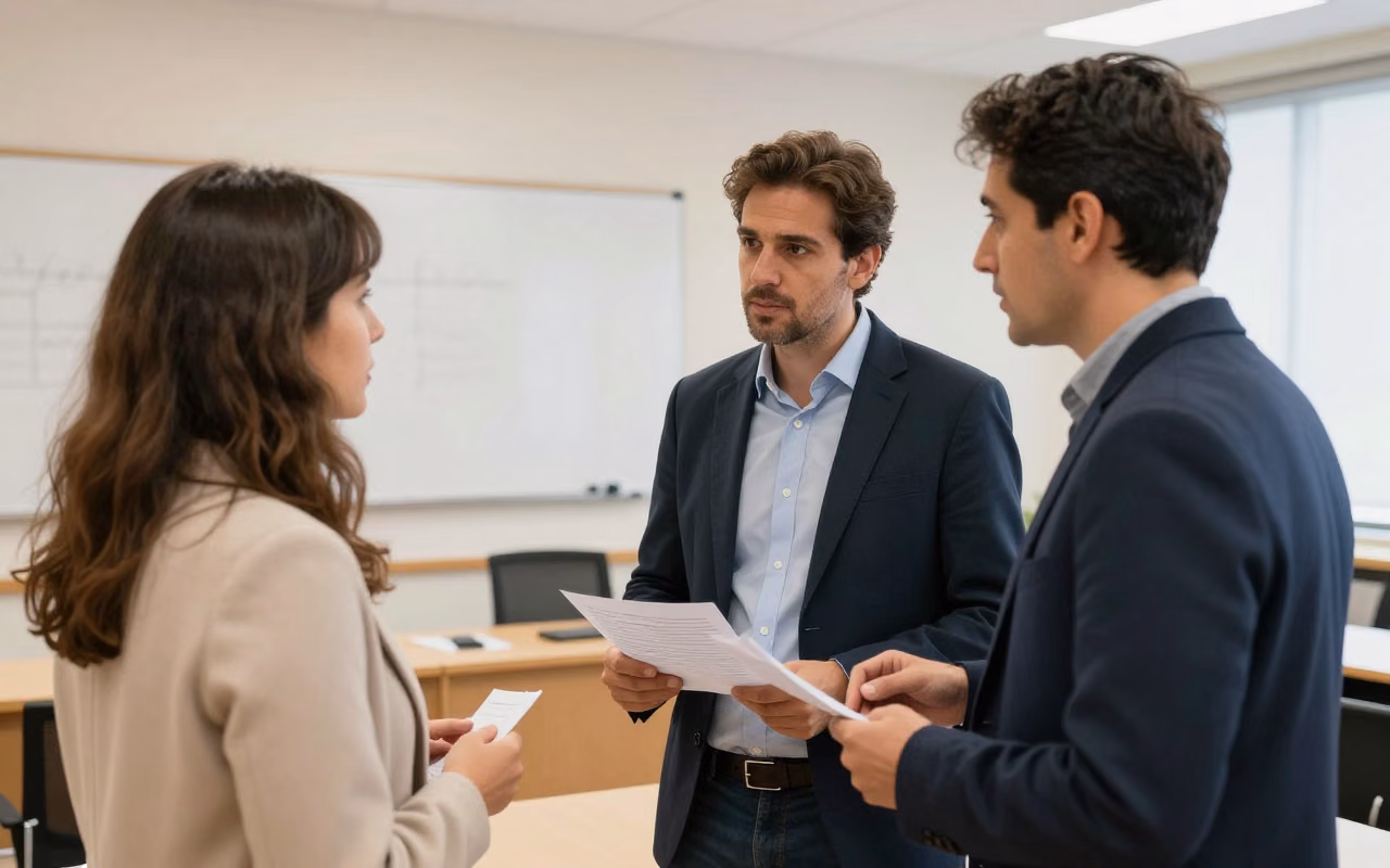 Dos responsables de una red educativa conversan frente a una evidencia impresa, decidiendo el siguiente paso.
